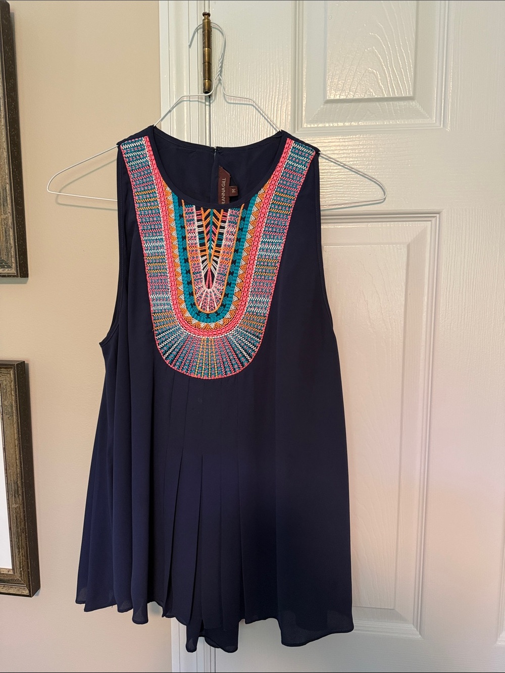 Anthropologie Navy Sleeveless Top with Multicolor Embroidered Bib